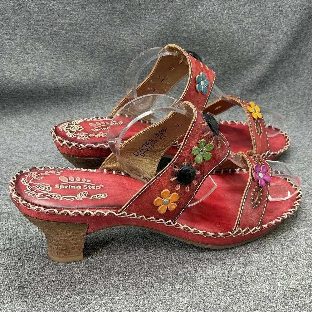 Spring Step Red Leather Floral Wedge Sandals Size 42 Beaded Applique D-Via-R